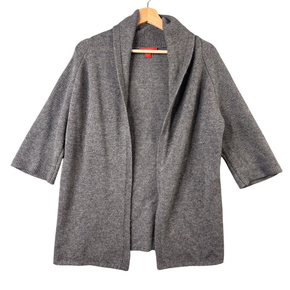 Saffron 100% Cashmere Open Front Cardigan Gray Shawl Collar 3/4 Sleeve Large